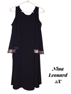 Nina Leonard Black Cold-Shoulder Dress with Sequin Cuffs